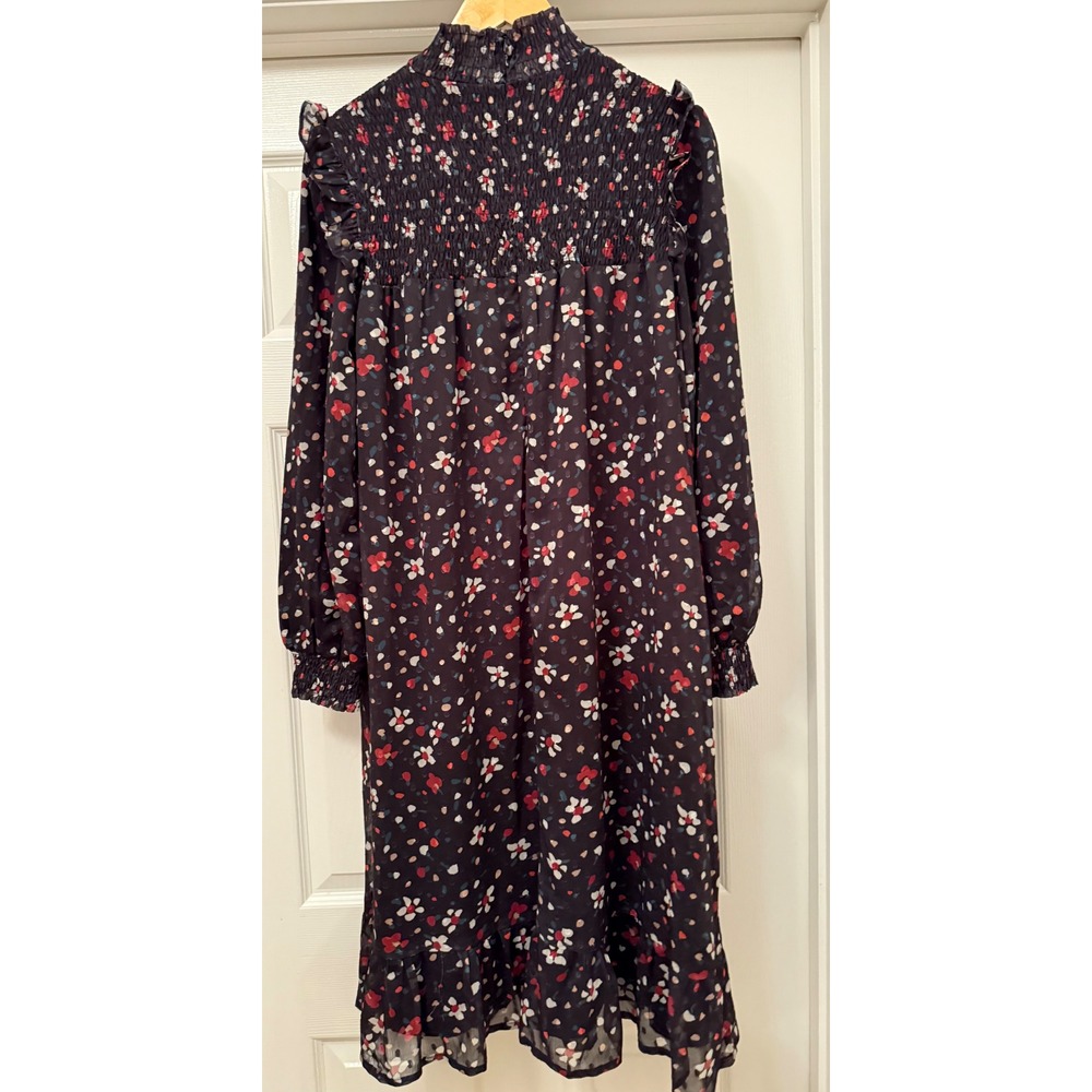 Paper Parachute Dress Womens XS Navy Floral Smocked Mock Neck Ruffle Tiered Midi - Picture 4 of 10